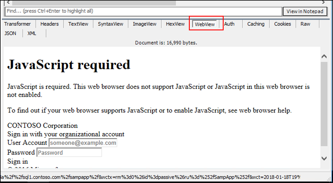 Screenshot of the web view of the response showing the credentials prompt.