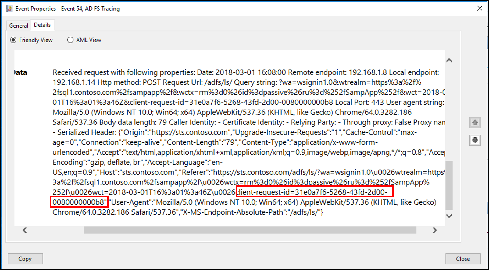 Screenshot of the Details tab of the event Properties dialog box with the client request ID value called out.