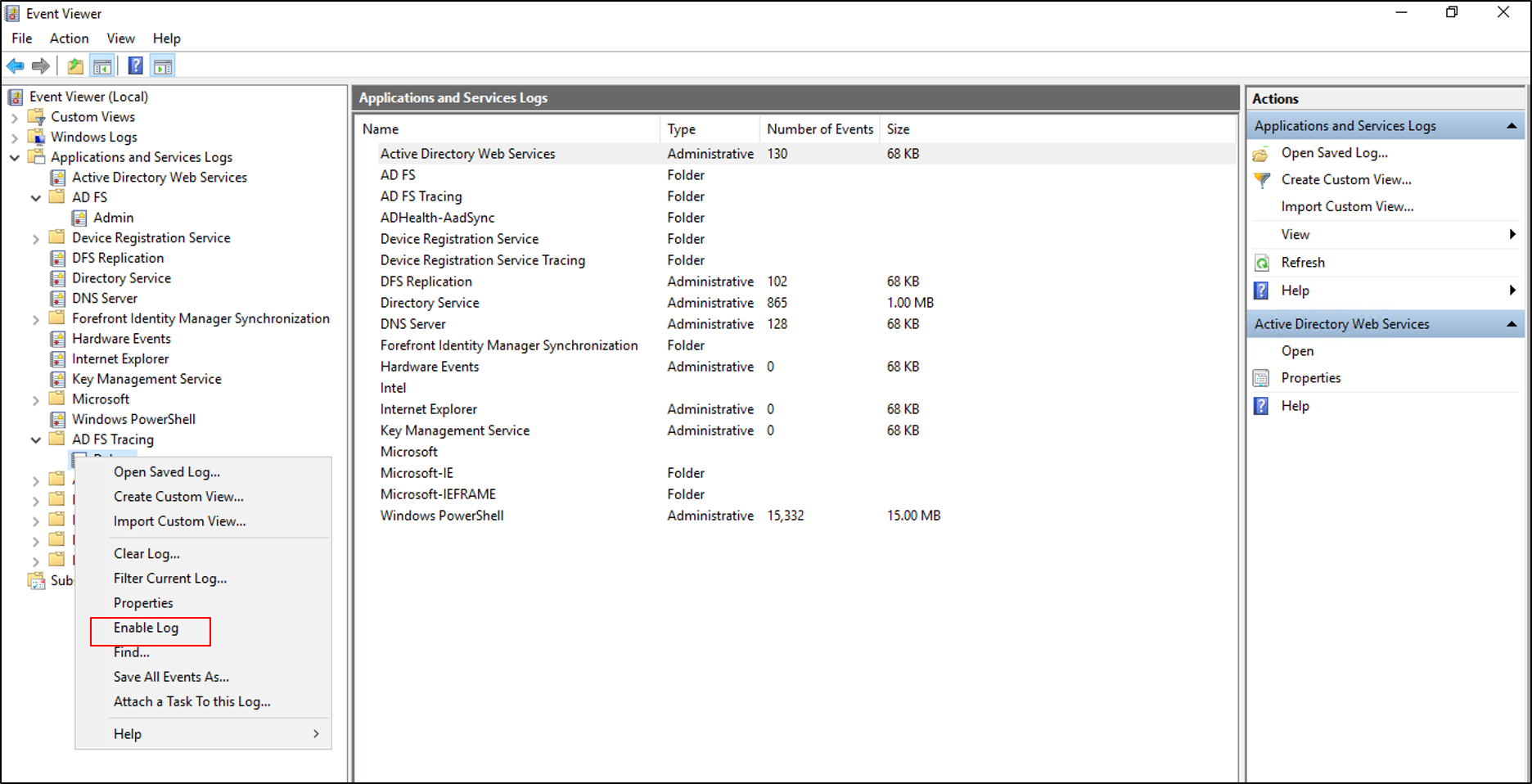 Screenshot of the Event Viewer showing that the user right-clicked Debug with the Enable Log option called out.