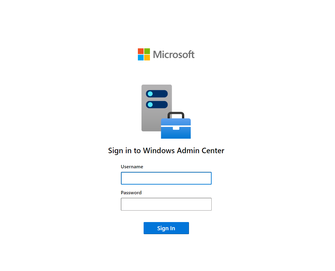  브라우저 창에 Windows Admin Center 로그인 페이지를 표시하는 스크린샷입니다.