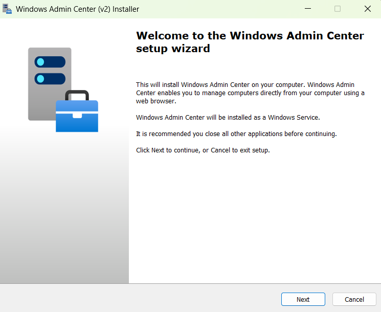Windows Admin Center v2 설치 프로그램 설정 마법사의 환영 페이지를 보여 주는 스크린샷.