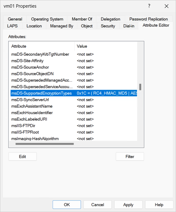 MsDS-SupportedEncryptionTypes 특성을 보여 주는 Active Directory 사용자 및 컴퓨터의 특성 편집기 탭 스크린샷