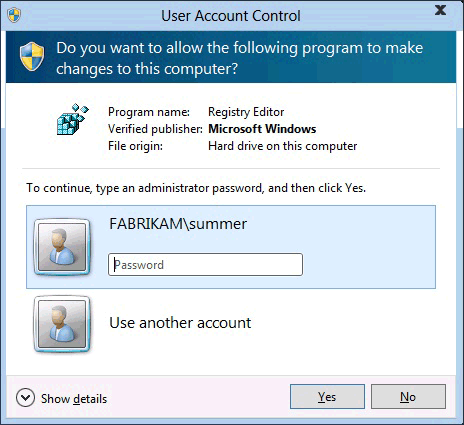 Screen shot showing an example of the UAC credential prompt