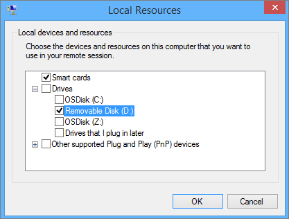 Screenshot that shows the local resources and drives that you can select.