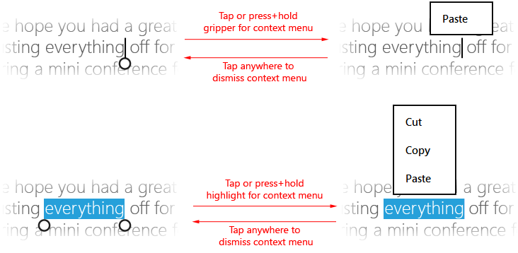 tap (or press and hold) within the selection or on a gripper to invoke the context menu.