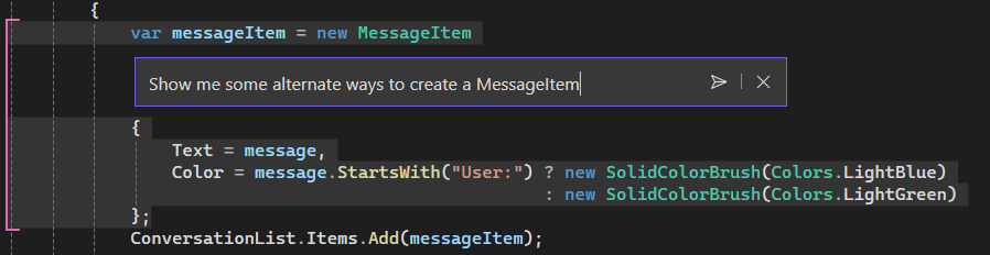 GitHub Copilot의 인라인 프롬프트 기능을 보여주는 스크린샷입니다.