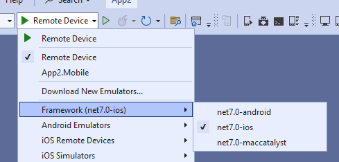 배포할 대상 프레임워크를 선택하는 Visual Studio 드롭다운의 스크린샷.