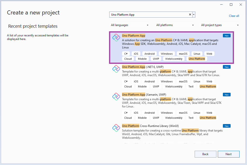 Uno Platform 앱을 선택한 프로젝트 유형으로 사용하여 새 프로젝트 만들기 대화 상자의 스크린샷