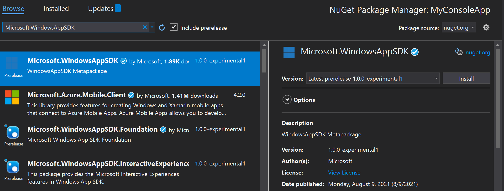 설치 중인 Windows 앱 SDK NuGet 패키지의 스크린샷