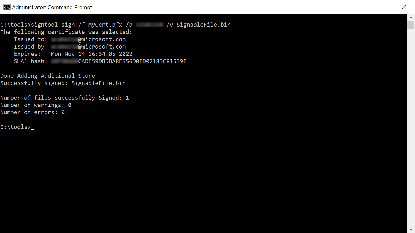 'signtool sign /f MyCert.pfx /p MyCertPassword /v SignableFile.bin' 명령을 보여 주는 명령 프롬프트 창을 보여 주는 스크린샷.