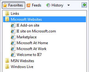 Internet Explorer 즐겨찾기 목록의 스크린샷 