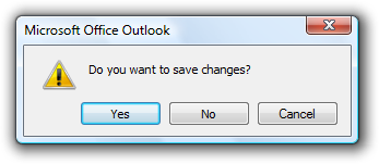 Microsoft Office Outlook '변경 내용을 저장하시겠습니까?' 대화 상자를 보여 주는 스크린샷