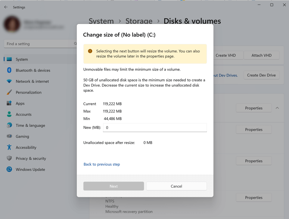 Screenshot of Dev Drive size change setting.