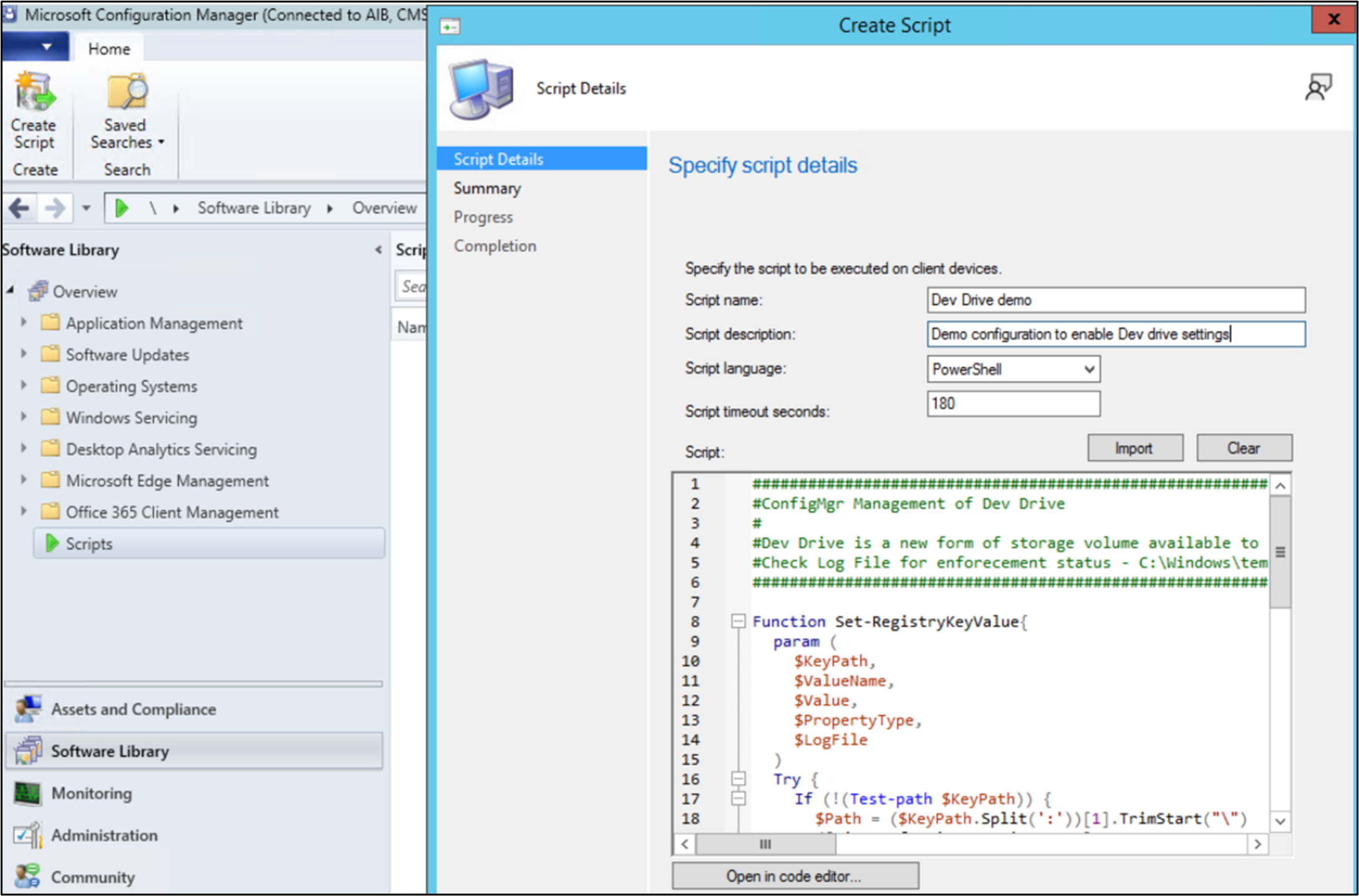 스크립트 이름, 설명, 언어, 시간 제한 초 및 실제 스크립트를 포함한 세부 정보를 보여 주는 Microsoft Configuration Manager의 스크립트 만들기 창 스크린샷