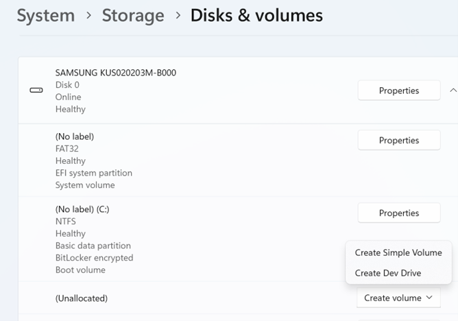 Screenshot of Disks & volumes storage list with unallocated storage space.