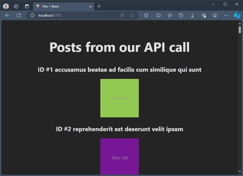 API의 자리 표시자 데이터를 보여주는 React 앱