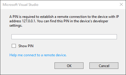 PIN을 요청하는 Visual Studio 팝업의 스크린샷