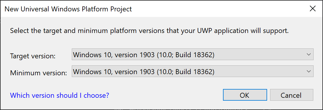 Windows 10 버전 1903을 대상 및 최소 버전으로 설정하는 스크린샷
