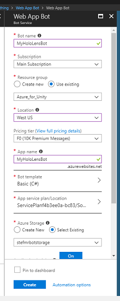 Screenshot that shows the required fields needed to create the new Service.