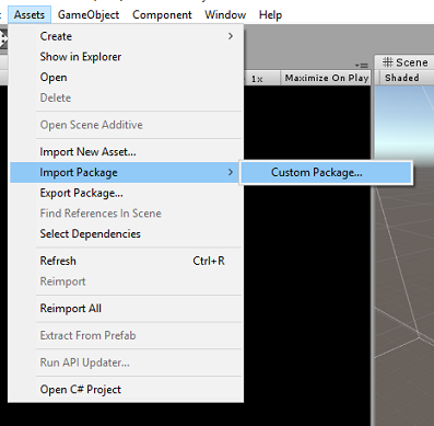 Screenshot that shows the Assets drop down menu with 'Import Package' then 'Custom Package' selected.