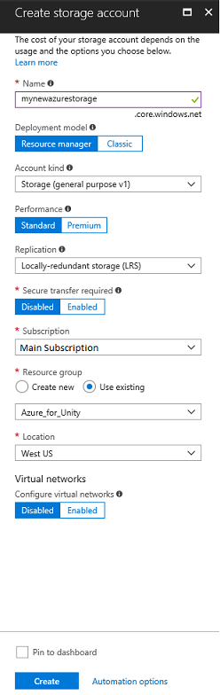 스토리지 계정 만들기 페이지의 스크린샷