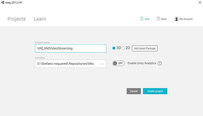 새 프로젝트 Unity 페이지의 스크린샷