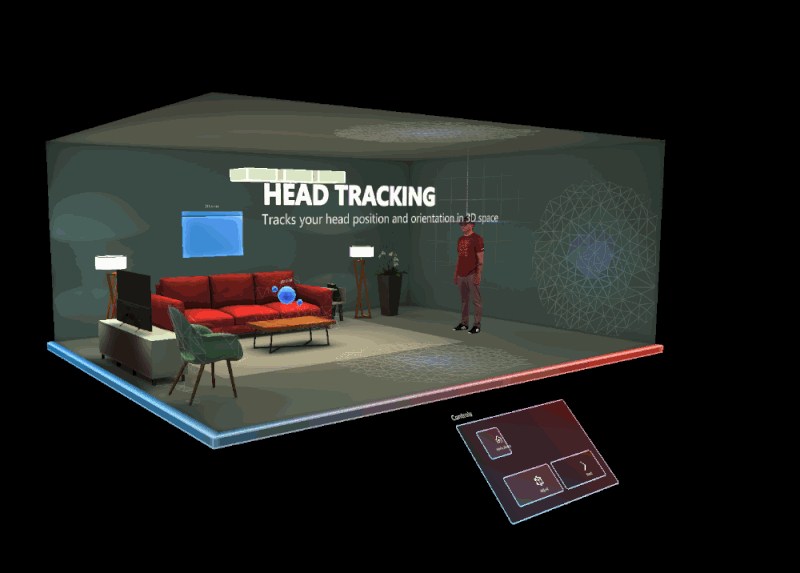 홀로그램 디자인 데모룸에서 머리 추적 장면의 애니메이션 GIF