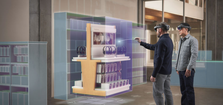 Two men using Microsoft Dynamics 365 Layout in a retail space