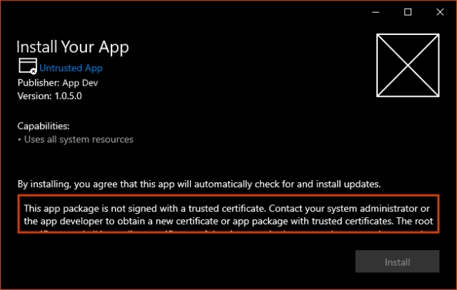 MSIX signed with missing or untrusted Cert