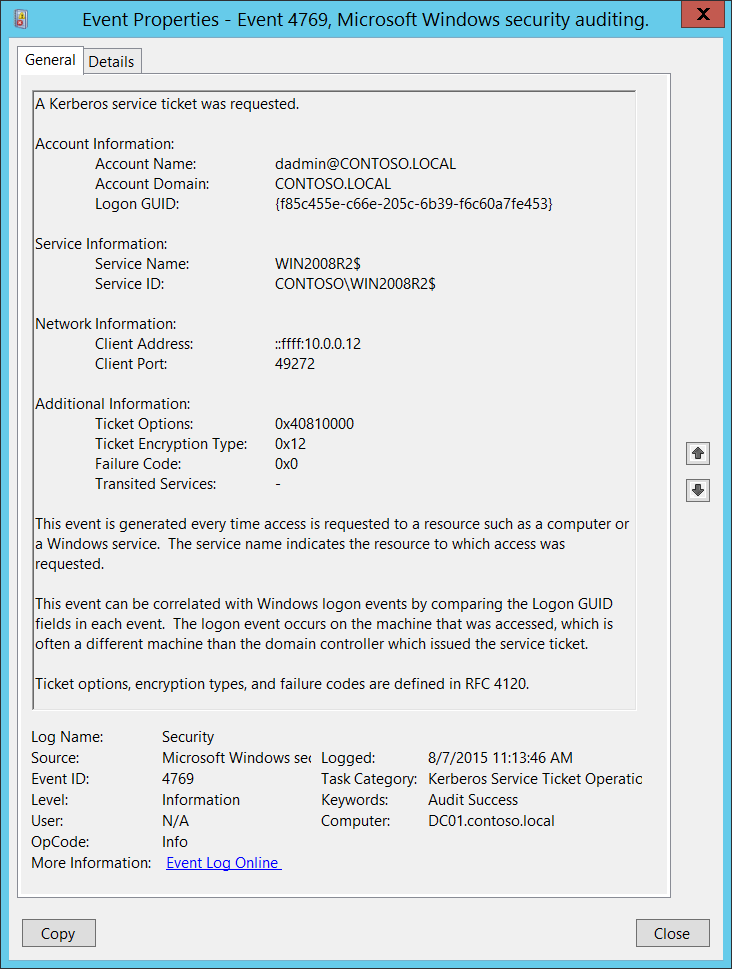 4769(S, F) Kerberos 서비스 티켓이 요청되었습니다. (Windows 10) Windows security