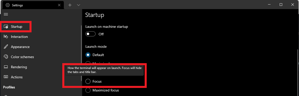 Windows 터미널 시작 설정의 포커스 모드 선택기