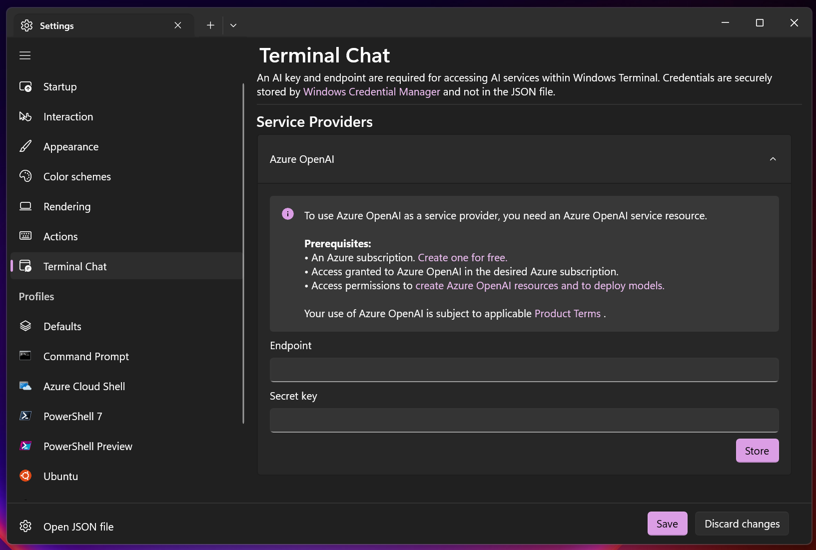 Azure OpenAI에 대한 터미널 채팅 설정의 스크린샷