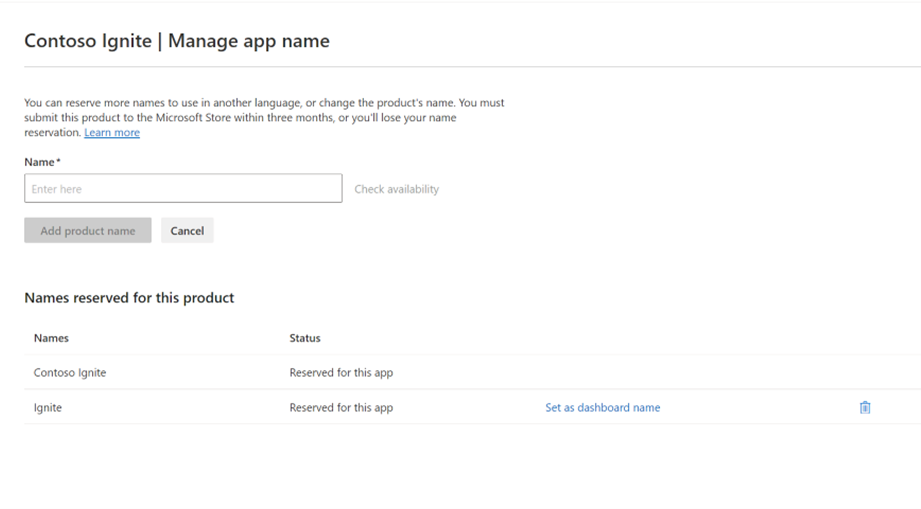 새 앱 이름을 예약할 항목 양식을 보여 주는 앱 이름 관리 페이지의 스크린샷.