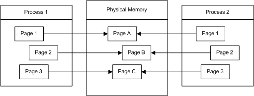 동일한 실제 메모리에 매핑된 프로세스 1 및 2 페이지의 상자 및 화살표
