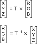 RGB 색 값과 CIE XYZ tristimulus 값 간의 변환을 보여 주는 행렬 계산의 스크린샷