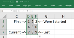 여러 셀이 선택된 Excel 스프레드시트의 이미지입니다. 선택 영역은 F5 셀의 오른쪽 위에서 시작하여 D7 셀의 왼쪽 아래에서 끝납니다.
