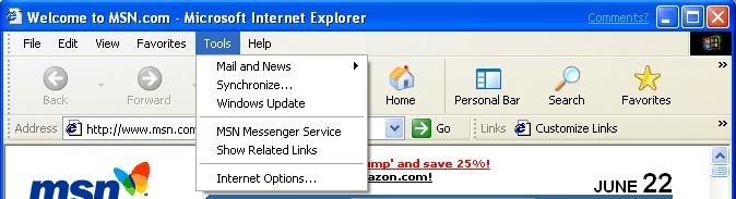 도구 메뉴가 선택된 Windows Internet Explorer 메뉴 모음을 보여 주는 스크린샷
