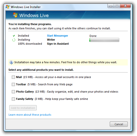 설정 진행률을 보여 주는 대화 상자의 스크린샷 