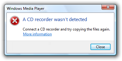 메시지 스크린샷: cd 레코더가 검색되지 않음 