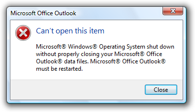 Microsoft Office Outlook '이 항목을 열 수 없습니다.' 메시지를 보여 주는 스크린샷 