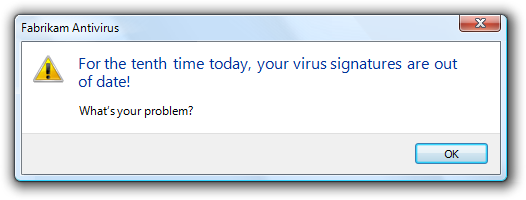 '바이러스 서명 업데이트' 경고 스크린샷 