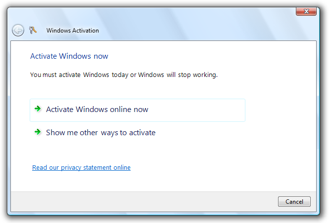 Windows 정품 인증 옵션 스크린샷 