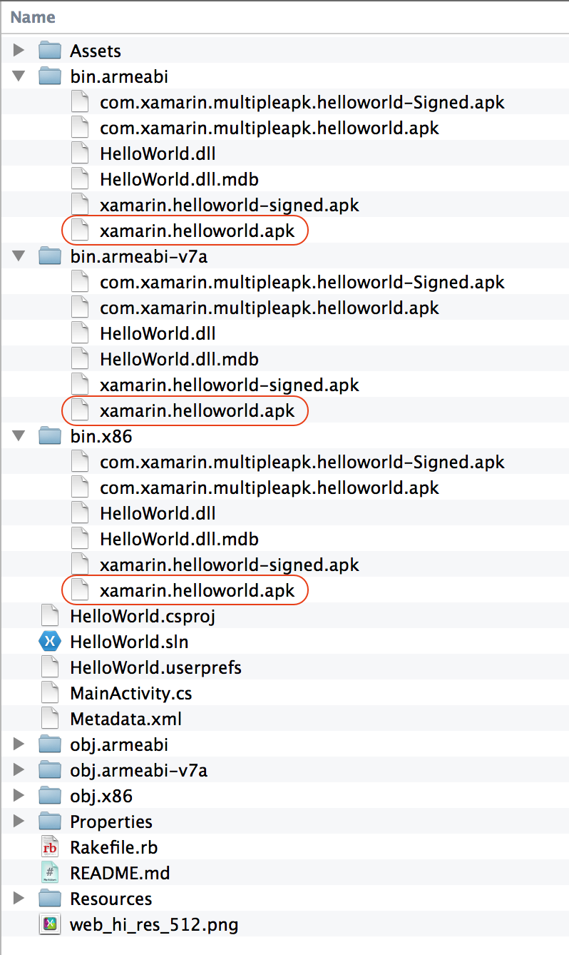 Locations of platform-specific folders containing xamarin.helloworld.apk