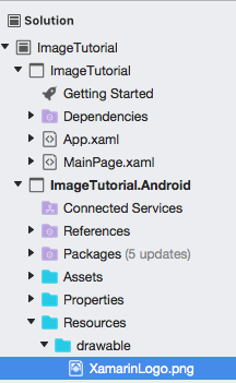 Mac용 Visual Studio에서 Android 리소스로서의 이미지 파일 스크린샷