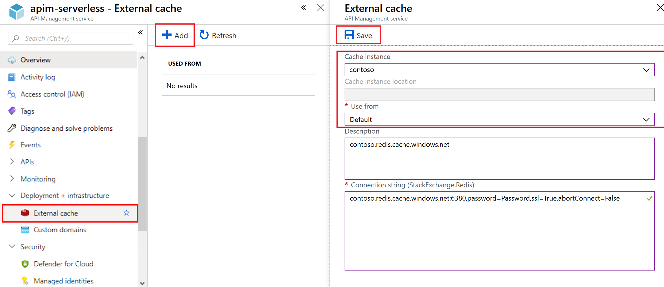 Screenshot that shows how to add an external Azure Managed Redis cache in Azure API Management.
