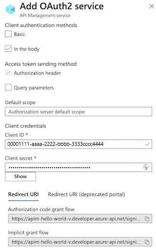 Screenshot showing the Add client credentials for the OAuth 2.0 service dialog box.
