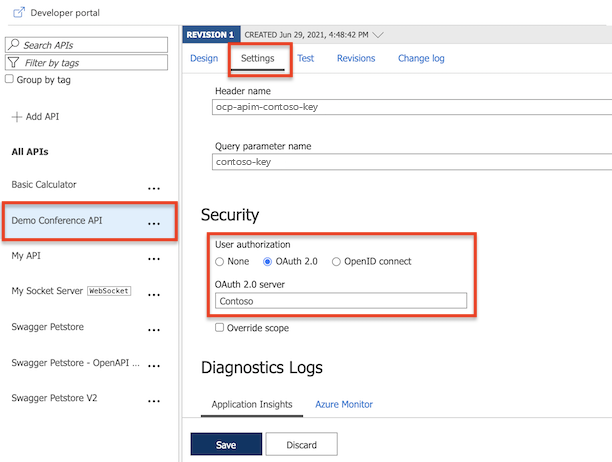 Screenshot showing the Configure OAuth 2.0 authorization server options.