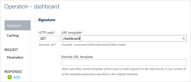 Screenshot showing a new Dashboard operation being configured in the Azure portal.
