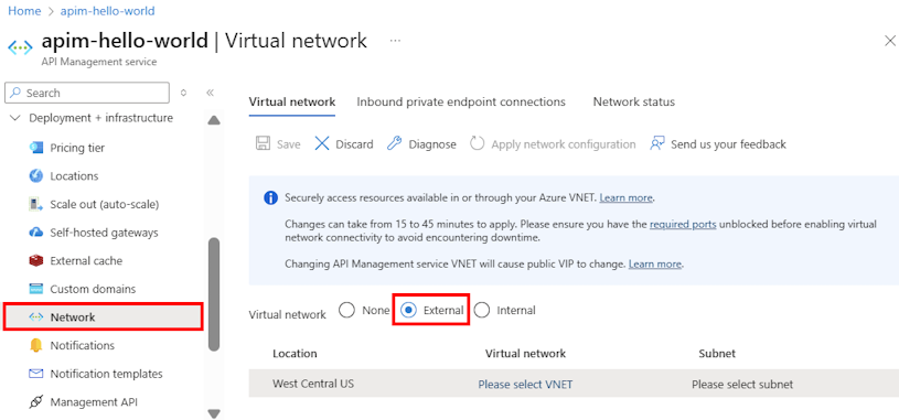 Screenshot of network settings in the Azure portal.