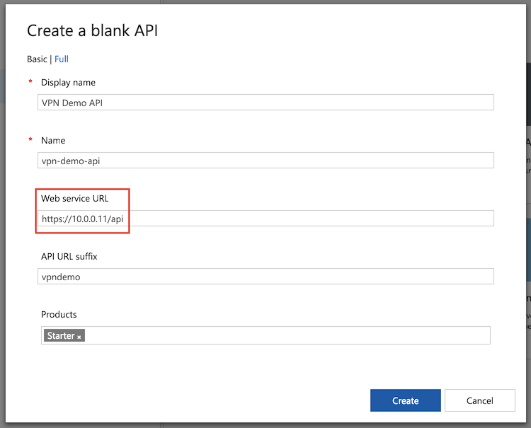 Screenshot showing how to add API from virtual network in the portal.